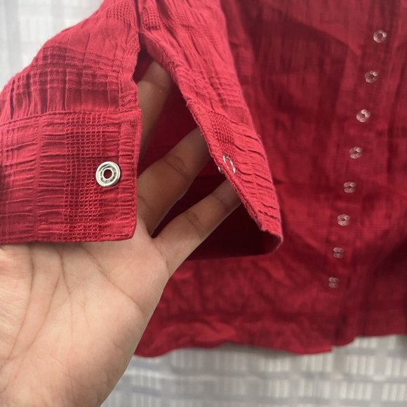CJ Banks Womens Red Blouse Size X Snap Button Collared 3/4 Sleeve - Picture 12 of 16